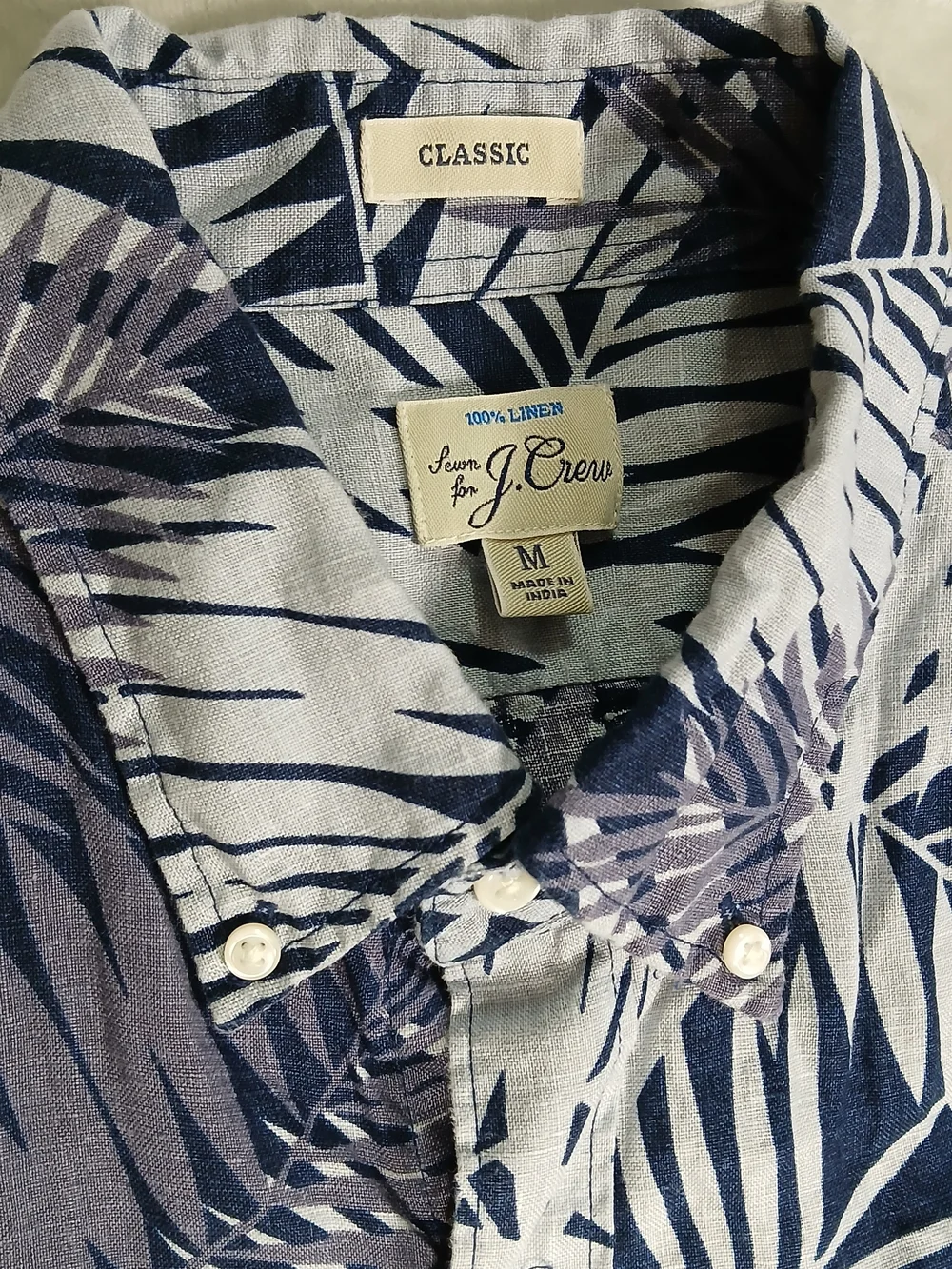 J. Crew 100% Linen Button Down Shirt Men's M Palm Print Floral Tropical Blue